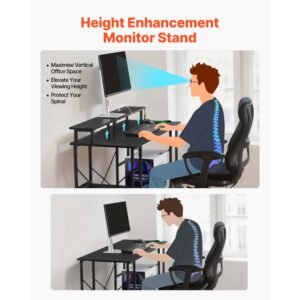 47" gaming desk with led lights & power outlets, computer desk with monitor stand & 2 tier storage sheves, study work for home office, black