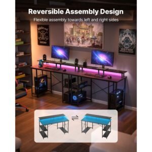 47" gaming desk with led lights & power outlets, computer desk with monitor stand & 2 tier storage sheves, study work for home office, black