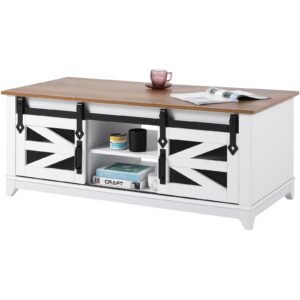 48" Farmhouse Coffee Table, Rectangle Coffee Table with 2 Sliding Barn Doors, 2 Tiers Wooden Rustic Table with Removable Shelves for Living Room, Bedroom, Apartment, or Studio, White & Natural