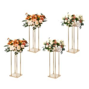 4pcs gold metal column wedding flower stand 236inch high with metal laminate vase geometric centerpiece stands cylindrical floral display rack for events reception party road leads.jpg