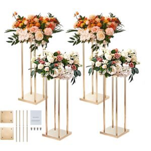 4PCS Gold Metal Column Wedding Flower Stand, 31.5inch High With Metal Laminate, Vase Geometric Centerpiece Stands, Cylindrical Floral Display Rack for Events Reception, Party Road Leads