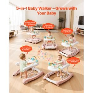 5 in 1 baby walker folding baby activity center on wheels height adjustable rocker bouncer walker with comfortable high back seat anti rollover toddler walking helper for 6 24 month boy girls 1.jpg