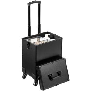 5 in 1 Professional Makeup Train Case Aluminum Cosmetic Case, Rolling Makeup Case Extra Large Trolley Makeup Travel Organizer, with 360° Swivel Wheels & Adjustable Pull Rod, Black