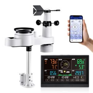5-in-1 Wi-Fi Weather Station, 7.5-Inch VA Display, Wireless Solar Powered Outdoor Sensor, Rain Gauge, Indoor Outdoor for Weather Forecast, Wind Speed Direction, Temperature, Humidity, Rainfall