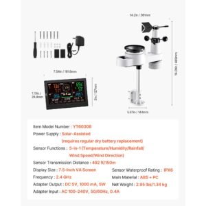 5 in 1 wi fi weather station, 7.5 inch va display, wireless solar powered outdoor sensor, rain gauge, indoor outdoor for weather forecast, wind speed direction, temperature, humidity, rainfall