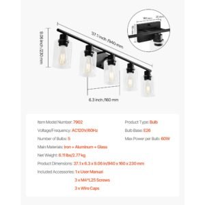 5 light bathroom vanity lights 371 inch modern light fixtures above mirror with clear glass shade 60w wall lighting for living room bedroom hallway e26 base bulbs not included 4.jpg