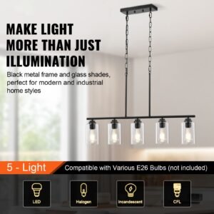 5 light kitchen island pendant lights 60w adjustable dining room light fixture with clear glass lampshade 4 rods 2 metal chains metal frame farmhouse linear chandeliers for dining room e26 1.jpg