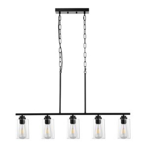 5-Light Kitchen Island Pendant Lights, 60W, Adjustable Dining Room Light Fixture with Clear Glass Lampshade 4 Rods 2 Metal Chains, Metal Frame Farmhouse Linear Chandeliers for Dining Room, E26