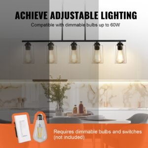 5 light kitchen island pendant lights 60w adjustable dining room light fixture with clear glass lampshade 4 rods 2 metal chains metal frame farmhouse linear chandeliers for dining room e26 4.jpg