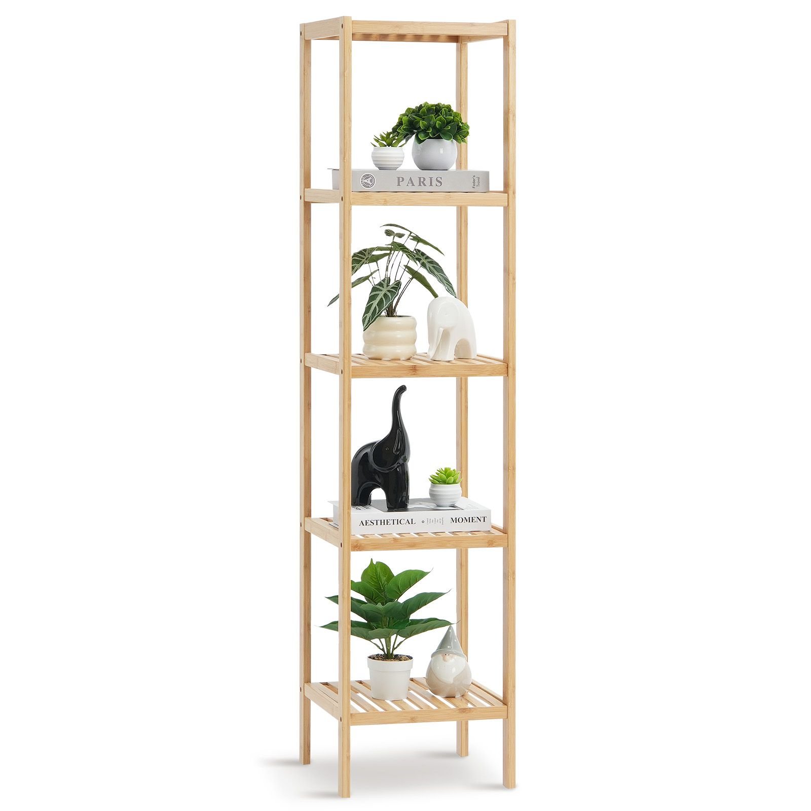 5 tier bathroom standing shelf, narrow shelving unit, display storage rack organizer, freestanding flower plant stand, multifunctional bamboo shelf ideal for bathroom, kitchen, home, natural