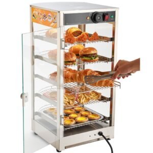 5-Tier Commercial Food Warmer Display, 800W Food Display Warmer with LED Light, Adjustable Shelf and Stainless Steel Frame, 86-185 F Air Heating, 60L for Hamburger, Pizza, Bread, Fried Chicken