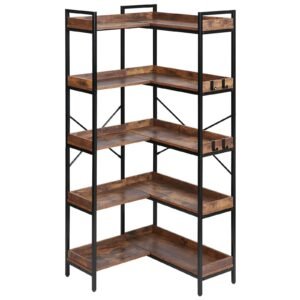 5 Tier Corner Bookshelf with 4 Hooks, 65.4" Tall Corner Bookcase with Heavy Duty Metal Frame & Wooden Shelves, Industrial L Shaped Corner Display Shelf for Bedroom, Living Room, Office