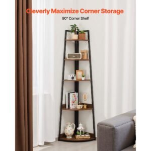 5 Tier Corner Shelf, 70" Tall Corner Bookshelf with Metal Frame & Wooden Shelves, Industrial Corner Ladder Shelf for Living Room, Bedroom, Office, Rustic Brown