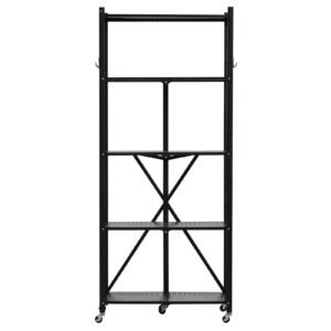 5-Tier Foldable Storage Shelf, 28W x 13D x 66H Inch Folding Metal Rack Shelving Unit, No Assembly Organizer Shelf with 5 Wheels & 4 Hooks for Pantry, Kitchen, Garage, Basement, Black