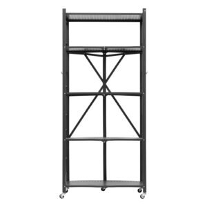 5-Tier Foldable Storage Shelf, 28W x 15D x 64H Inch Folding Metal Rack Shelving Unit, No Assembly Organizer Shelf with 5 Wheels & 4 Hooks for Pantry, Kitchen, Garage, Basement, Black