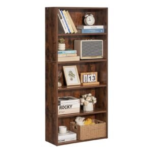 5 Tiers Narrow Bookshelf, 53 in Wooden Open Bookcase with Height-Adjustable Shelf, Freestanding Tall Display Storage Floor Bookcase Bookshelf for Library, Bedroom, Living Room, Office, Brown