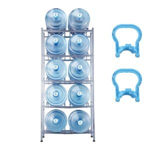 5 Tiers Water Jug Holder, 5 Gallon Water Bottle Holder, Double Row Water Bottle Rack for 10 Bottles, Heavy Duty Water Jug Rack for Kitchen, Office, Living Room, Silver Gray