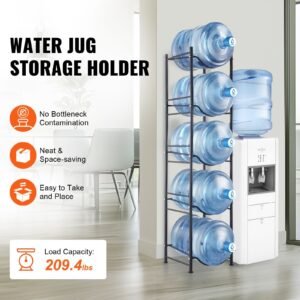 5 Tiers Water Jug Holder, 5 Gallon Water Bottle Holder, Single Row Water Bottle Rack for 5 Bottles, Heavy Duty Water Jug Rack for Kitchen, Office, Living Room, Black