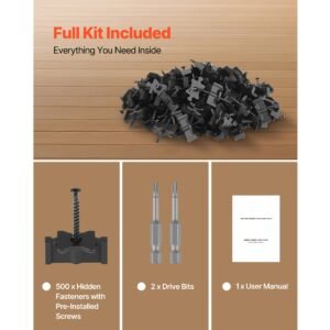 500pcs hidden deck fasteners for composite decking board, universal composite t clips & plastic hidden fasteners with metal screws,polypropylene pp clips works with 0.26 inch gaps, black