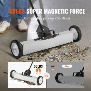 50Lbs Rolling Magnetic Sweeper with Wheels, Push-Type Magnetic Pick Up Sweeper, 24-inch Large Magnet Pickup Lawn Sweeper with Telescoping Handle, Easy Cleanup of Workshop Garage Yard
