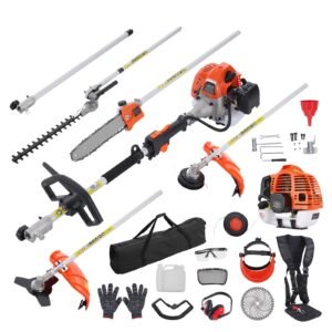 52CC 6-in-1 Multi-Functional Trimming Tools, Gas Hedge Trimmer, Weed Eater, String Trimmer, Brush Cutter, Edger, Pole Saw Chainsaw Pruner with Extension Pole
