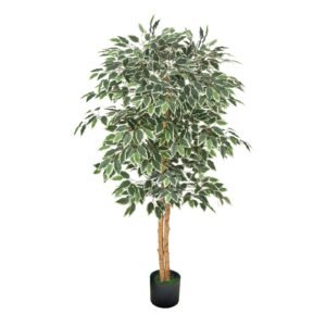 5FT Artificial Ficus Tree with Black Pot, Tall Faux Ficus Plant with Natural Wood Trunk and Realistic Green Leaves, Indoor Fake Silk Tree for Home, Office, Living Room, or Corner Décor