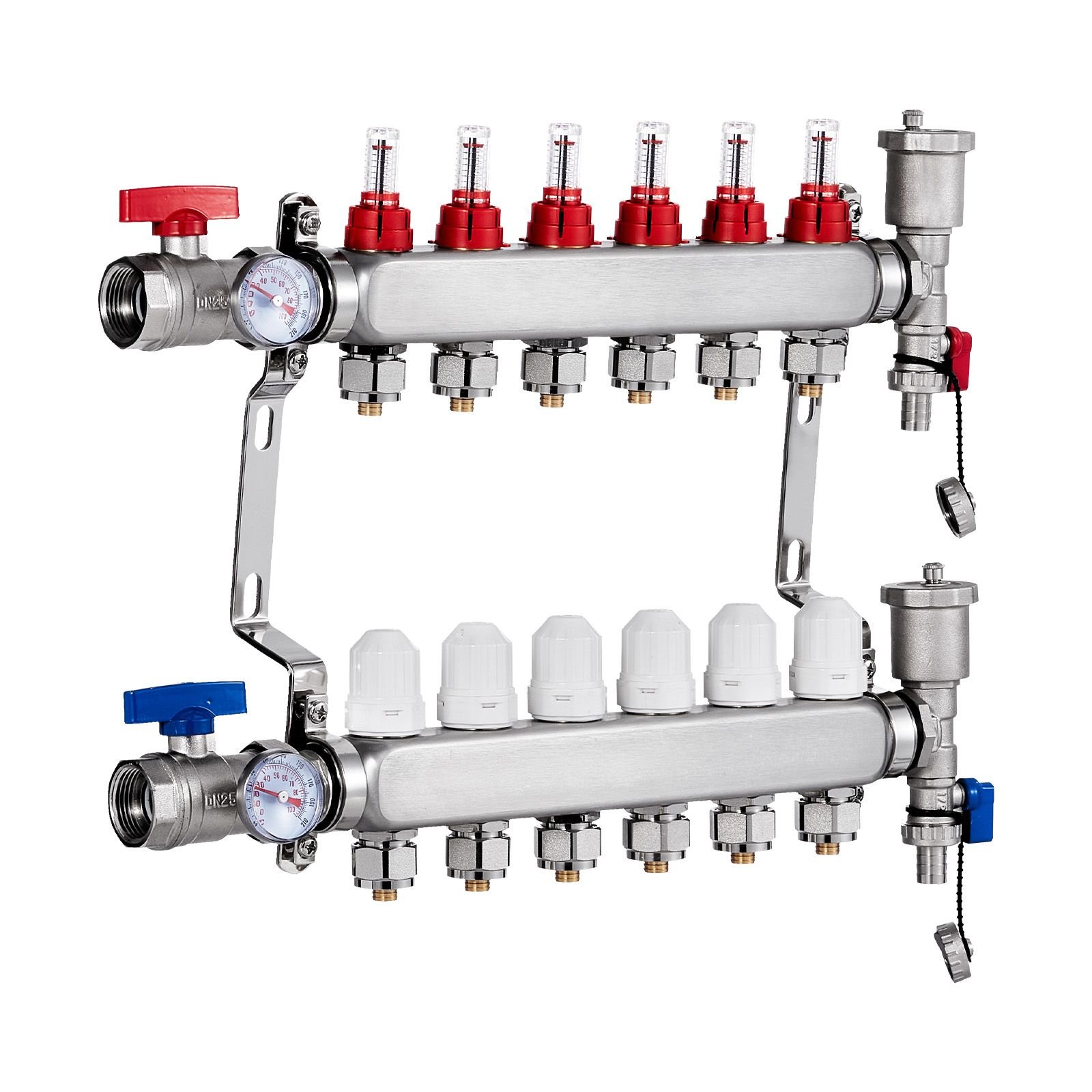 6 branch radiant heat manifold, 1/2" pex tubing manifold, stainless steel pex manifold for hydronic radiant floor heating, radiant heat pex manifold kit with 1/2" adapters included