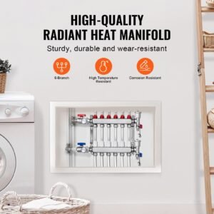 6 branch radiant heat manifold, 1/2" pex tubing manifold, stainless steel pex manifold for hydronic radiant floor heating, radiant heat pex manifold kit with 1/2" adapters included