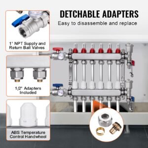 6 branch radiant heat manifold, 1/2" pex tubing manifold, stainless steel pex manifold for hydronic radiant floor heating, radiant heat pex manifold kit with 1/2" adapters included