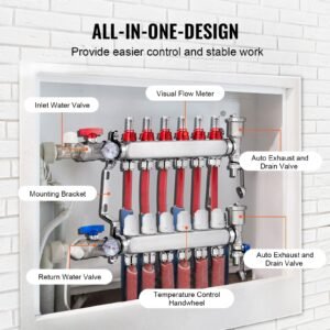 6 branch radiant heat manifold, 1/2" pex tubing manifold, stainless steel pex manifold for hydronic radiant floor heating, radiant heat pex manifold kit with 1/2" adapters included