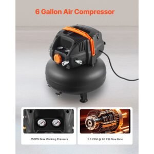 6 gallon air compressor 17hp 23cfm90psi portable pancake air compressor 150psi max pressure 12 piece accessory kit with 50ft air hose for tire inflation spray painting woodwork nailing 1.jpg