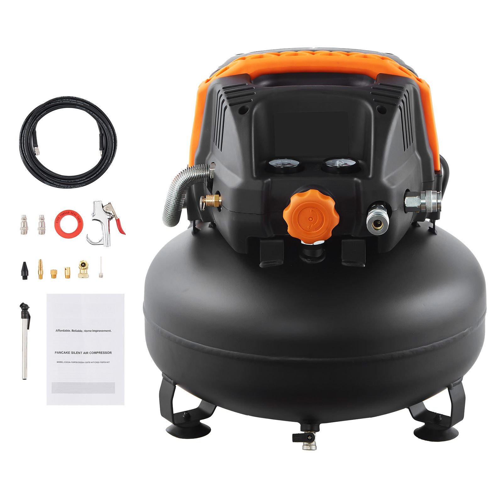 6 gallon air compressor 17hp 23cfm90psi portable pancake air compressor 150psi max pressure 12 piece accessory kit with 50ft air hose for tire inflation spray painting woodwork nailing.jpg