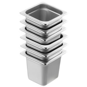 6 Pack Hotel Pans, 1/6 Size Anti-Jam Steam Pan, 0.8mm Thick Stainless Steel Restaurant Steam Table Pan, 6-Inch Deep Commercial Table Pan, Catering Storage Food Pan, for Industrial & Scientific