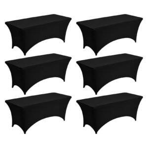 6 Pack Table Cloth for 6FT Rectangular Fitted Events, Wrinkle-Resistant Stretch Black Table Covers, Washable Spandex Tablecloth Protector, for Party, Wedding, Cocktail, Banquet, Festival