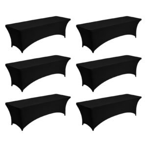 6 Pack Table Cloth for 8FT Rectangular Fitted Events, Wrinkle-Resistant Stretch Black Table Covers, Washable Spandex Tablecloth Protector, for Party, Wedding, Cocktail, Banquet, Festival