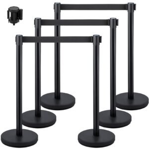 6 PCS Black Stanchion Posts Stainless Steel Stanchion Queue Post Black Belt Retractable 36In for Both Indoor and Outdoor use.