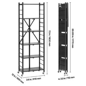 6 tier foldable storage shelf 24w x 12d x 72h inch folding metal rack shelving unit no assembly organizer shelf with 5 wheels 4 hooks for pantry kitchen garage basement black 1.jpg