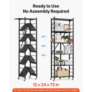 6 tier foldable storage shelf 24w x 12d x 72h inch folding metal rack shelving unit no assembly organizer shelf with 5 wheels 4 hooks for pantry kitchen garage basement black 3.jpg