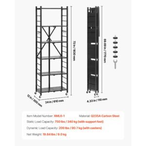 6 tier foldable storage shelf 24w x 12d x 72h inch folding metal rack shelving unit no assembly organizer shelf with 5 wheels 4 hooks for pantry kitchen garage basement black 5.jpg