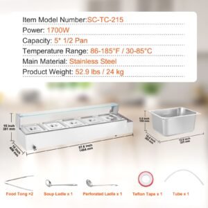 60qt commercial food warmer 5 pan electric steam table with glass cover 1500w countertop stainless steel buffet bain marie with 86 185 fahrenheit temp control 2.jpg