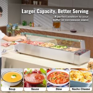 60QT Commercial Food Warmer, 5-Pan Electric Steam Table with Glass Cover, 1500W Countertop Stainless Steel Buffet Bain Marie with 86-185 Fahrenheit Temp Control