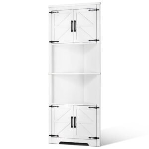 68" Tall Corner Storage Cabinet, 6 Tiers Farmhouse Storage Cabinet with 4 Wooden Doors & Adjustable Shelves, Freestanding Corner Kitchen Cabinet for Living Room, Kitchen, Laundry Room, White