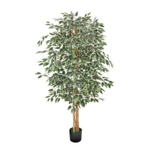 6FT Artificial Ficus Tree with Black Pot, Tall Faux Ficus Plant with Natural Wood Trunk and Realistic Green Leaves, Indoor Fake Silk Tree for Home, Office, Living Room, or Corner Décor