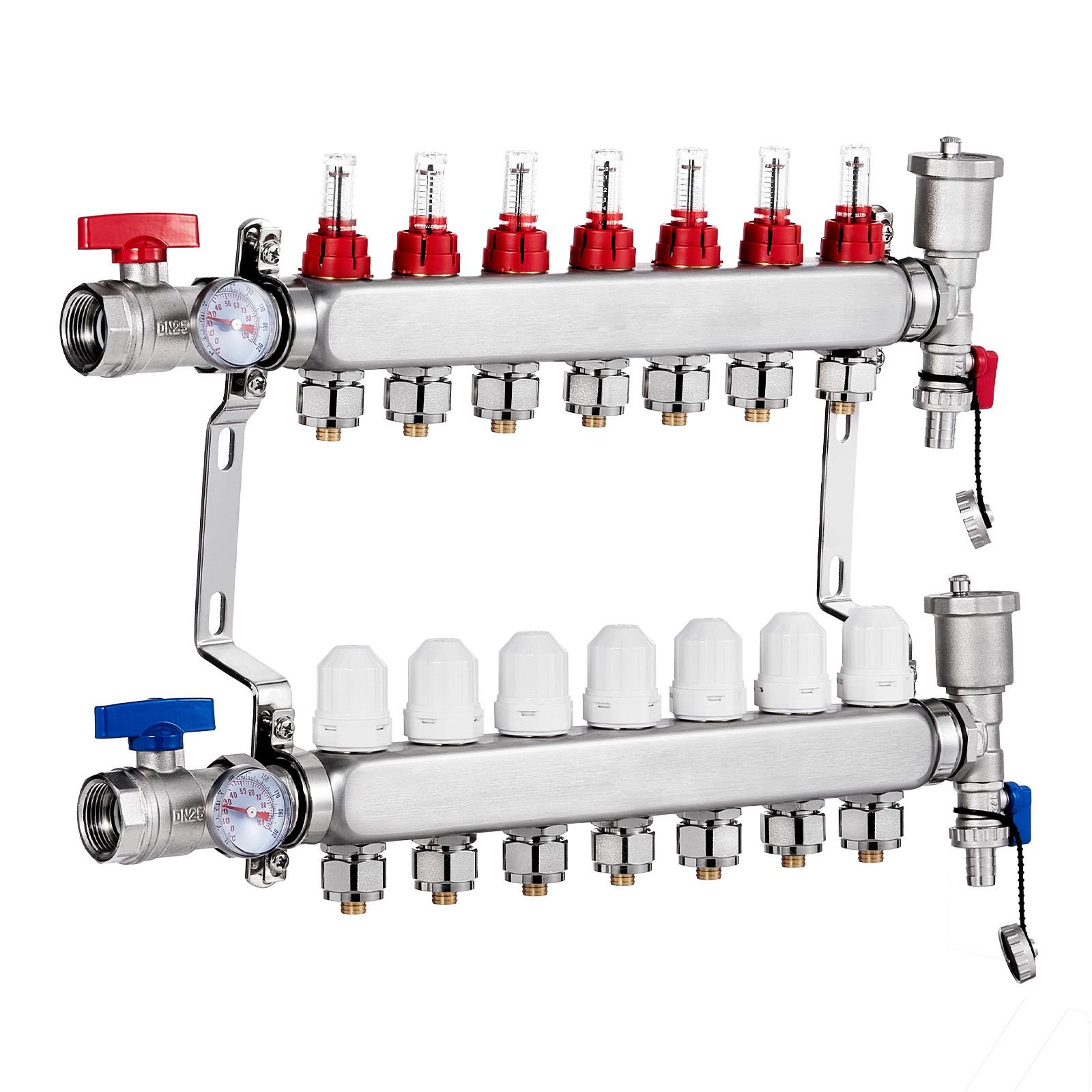 7 branch radiant heat manifold, 1/2" pex tubing manifold, stainless steel pex manifold for hydronic radiant floor heating, radiant heat pex manifold kit with 1/2" adapters included