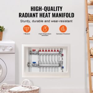7 branch radiant heat manifold, 1/2" pex tubing manifold, stainless steel pex manifold for hydronic radiant floor heating, radiant heat pex manifold kit with 1/2" adapters included