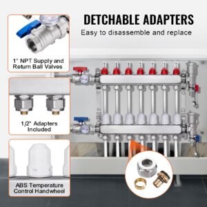 7 branch radiant heat manifold, 1/2" pex tubing manifold, stainless steel pex manifold for hydronic radiant floor heating, radiant heat pex manifold kit with 1/2" adapters included