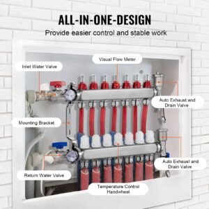 7 branch radiant heat manifold, 1/2" pex tubing manifold, stainless steel pex manifold for hydronic radiant floor heating, radiant heat pex manifold kit with 1/2" adapters included