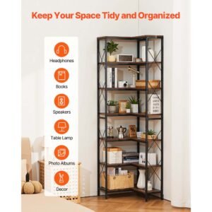 7 tier corner bookshelf 79 tall corner bookcase with heavy duty metal frame wooden shelves industrial reversible l shaped corner display shelf for bedroom living room office 3.jpg
