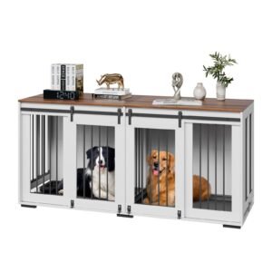 72" Dog Crate Furniture for 2 Dogs, Double Dog Crate Furniture with Double Sliding Doors, Large Dog Crate TV Stand with Removable Tray, Steel Frame Double Dog Crate, White