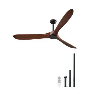 72 Inch Ceiling Fan without Light, 6-Speed Remote Control, 3-Wood-Blade, Reversible DC Motor, Modern Low Profile Flush Mount Exterior Fan for Bedroom, Living Room, Patio, Indoor/Outdoor, Walnut